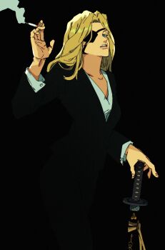 Rule 34 | 1girl, absurdres, black background, black suit, blonde hair, blue eyes, cigarette, commentary, elle driver, eyepatch, formal clothes, highres, holding, holding cigarette, isaacchief300, kill bill, long hair, looking at viewer, shirt, simple background, smoke, solo, suit, sword, weapon, white shirt
