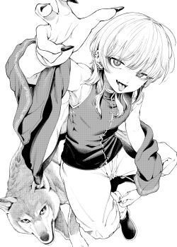 1girl absurdres animal bare_shoulders chinese_clothes commission dog ear_piercing earrings fangs fingernails greyscale highres jewelry long_fingernails looking_at_viewer monochrome morimoto_atsushi nail_polish open_mouth original pants piercing sharp_fingernails simple_background skeb_commission sleeveless solo tongue tongue_out tongue_piercing white_background wolf