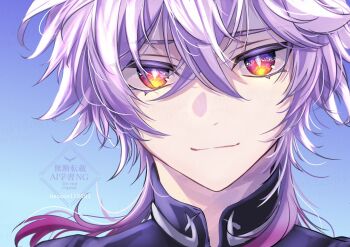 Rule 34 | 1boy, black shirt, blue background, bright pupils, closed mouth, colored eyelashes, commentary, crossed bangs, diamond-shaped pupils, diamond (shape), durin (genshin impact), genshin impact, hair between eyes, highres, looking at viewer, male focus, medium hair, necoco112061, portrait, purple hair, red eyes, shirt, smile, solo, symbol-shaped pupils, twitter username, watermark, white pupils