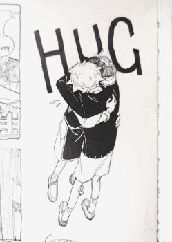 Rule 34 | 2boys, absurdres, alternate costume, antenna hair, apron, basil (faraway) (omori), basil (omori), cardigan, chinese commentary, commentary request, english text, flying sweatdrops, greyscale, highres, hug, loafers, long sleeves, male focus, monochrome, moonskysoon, multiple boys, omori, shoes, short hair, shorts, socks, sunny (omori), traditional media