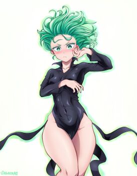 Rule 34 | 1girl, absurdres, black dress, blush, breasts, collarbone, covered navel, curly hair, dress, flipped hair, forehead, frown, green eyes, green hair, green outline, hand up, highres, long hair, looking at viewer, medium breasts, medium hair, naked dress, one-punch man, outline, shigokin (baller4jesus27), side slit, signature, simple background, solo, tatsumaki, thick thighs, thighs, v-shaped eyebrows, white background, wide hips