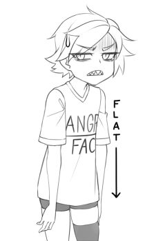 1girl arrow_(symbol) artist_self-insert bike_shorts breast_conscious clothes_writing commentary english_commentary english_text eyes_visible_through_hair flat_chest frown gloom_(expression) greyscale looking_at_viewer monochrome original sharp_teeth short_hair simple_background single_thighhigh solo sweatdrop teeth thighhighs twrlare