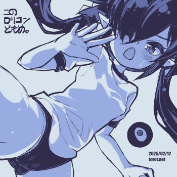 1girl backbeako_(torotei) backbeard blue_background blue_theme blush breasts buruma cameltoe commentary dated dated_commentary dutch_angle gegege_no_kitarou gluteal_fold gym_shirt gym_uniform hair_over_one_eye hair_ribbon hand_up kono_lolicon_domome legs_apart loli long_hair looking_at_viewer monochrome one_eye_closed open_mouth original paid_reward_available pointy_ears ribbon shirt short_sleeves simple_background small_breasts solo sweatdrop thighs torotei translated twintails v-shaped_eyebrows watermark web_address