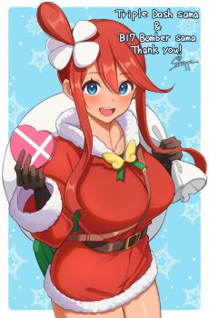 1girl belt blue_eyes blush boots box breasts christmas commission commissioner_name dress fur_trim gloves hair_ornament heart-shaped_box highres holding holding_box holding_sack large_breasts nintendo official_alternate_costume open_mouth pixiv_commission pokemon pokemon_masters_ex red_boots red_hair sack santa_costume santa_dress short_hair_with_long_locks sidelocks signature skyla_(holiday_2020)_(pokemon) skyla_(pokemon) smile snowflakes solo surippa1010