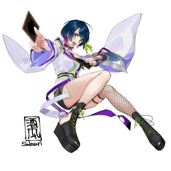 1girl :d bare_shoulders belt black_belt black_boots black_choker black_shorts blue_hair boots braid breasts card choker commentary_request cross-laced_slit duel_disk furisode_sleeves gradient_clothes gradient_shirt green_belt highres holding holding_card invisible_chair jacket jewelry large_breasts legwear_garter long_sleeves looking_at_viewer multicolored_belt multicolored_hair necklace nijisanji off-shoulder_shirt off_shoulder open_mouth pixie_cut purple_hair purple_nails purple_shirt purple_tube_top sakauri_rk shirt short_hair shorts side_braid side_slit side_slit_shorts signature silver_necklace simple_background single_fishnet_legwear single_legwear_garter single_sleeve single_suspender single_thighhigh sitting smile solo strapless suspenders thigh_strap thighhighs thighs trading_card tube_top virtual_youtuber white_background white_jacket yamagami_karuta yamagami_karuta_(4th_costume) yellow_eyes yu-gi-oh!