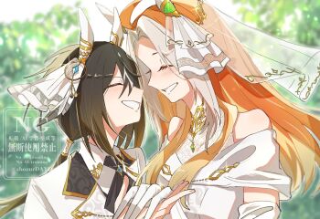 2girls ^_^ ahozur_dayo animal_ears bare_shoulders black_hair blush bridal_veil bride closed_eyes collared_shirt colored_bangs commentary crossdressing crossdressing_(ftm) english_commentary facing_another gloves gradient_hair grin groom hair_between_eyes highres holding_hands horse_ears horse_girl jacket jewelry long_hair low_ponytail mixed-language_commentary multicolored_hair multiple_girls orange_hair oriental_art_(racehorse) personification ponytail portrait ring shirt sidelocks smile stay_gold_(umamusume) two-tone_hair umamusume veil watermark wedding wedding_ring white_gloves white_hair white_jacket white_veil wife_and_wife yuri
