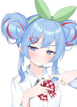 1girl absurdres blue_eyes blue_hair blush bow bow_hairband bowtie cherry_pop_(vocaloid) collared_shirt commentary double_bun four-finger_heart_hands hair_bun hair_ornament hairband half-closed_eyes hatsune_miku heart heart_hair_ornament heart_hands highres looking_at_viewer multicolored_hair plaid_bow portrait red_hair shirt smile solo streaked_hair user_fsjz3247 vocaloid