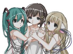 Rule 34 | 3girls, android, aqua hair, bare shoulders, black eyes, blonde hair, brown hair, cable, chii, chobits, crossover, dress, expressionless, flat chest, hair ornament, hatsune miku, holding hands, interlocked fingers, iwakura lain, long hair, looking at another, multiple girls, parted lips, robot ears, serial experiments lain, shinsekai (z o10), simple background, sketch, strap slip, twintails, upper body, very long hair, vocaloid, white background, white dress, x hair ornament