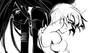 2girls alien_stage bare_shoulders commentary earrings english_commentary greyscale hand_on_own_shoulder highres jewelry long_hair looking_back looking_down mijiang_47 mizi_(alien_stage) monochrome multiple_girls short_hair smile sua_(alien_stage)