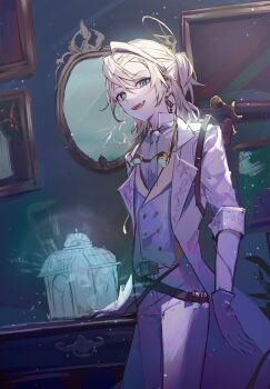 1boy absurdres blonde_hair blue_eyes blue_necktie blue_vest coat cowboy_shot fang gloves goggles goggles_around_neck half_updo hand_on_table highres identity_v lapels looking_at_viewer luca_balsa luca_balsa_(paranormal_detective) male_focus medium_hair mirror mismatched_pupils necktie pants pba_471 ponytail popped_collar shirt short_ponytail sleeves_rolled_up smirk solo vest vial white_coat white_gloves white_pants white_shirt yellow_pupils