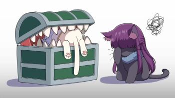animal animal_with_hair animalization animated biting black_hair cat clothed_animal commentary_request fern_(sousou_no_frieren) frieren frieren_stuck_in_a_mimic_(meme) j_humbo long_hair meme mimic mimic_chest no_humans purple_hair sharp_teeth sousou_no_frieren squiggle tagme teeth video