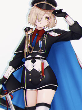 1girl a_asn56 animal animal_on_shoulder belt black_belt black_gloves black_jacket black_skirt blonde_hair blue_necktie clothed_animal collared_shirt commentary eyelashes gloves gonzalez_(machita_chima) hair_over_one_eye hamster hamster_on_shoulder highres holding holding_sword holding_weapon jacket machita_chima necktie nijisanji red_shirt shirt short_hair skirt solo sword symbol-only_commentary virtual_youtuber weapon white_background yellow_eyes