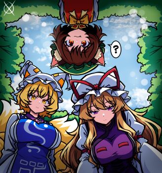 arianne20131 blonde_hair breasts chen forest fox_tail frilled_hat frills from_below hat highres kitsune long_hair long_sleeves nature pov tail touhou yakumo_ran yakumo_yukari