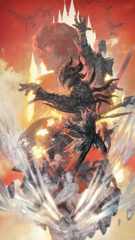 4boys 4girls absurdres arm_up aymeric_de_borel black_hair cloud covered_eyes dragon dragoon_(final_fantasy) elezen elf estinien_varlineau fake_horns final_fantasy final_fantasy_xiv garlean glint hangleing helmet highres holding holding_polearm holding_shield holding_weapon horned_helmet horns lance lucia_junius lyse_hext multiple_boys multiple_girls outstretched_arm papalymo_totolymo pointy_ears polearm red_sky shield short_hair sky weapon y&#039;shtola_rhul