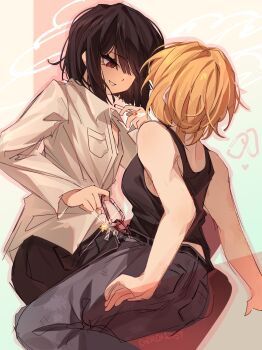 2girls absurdres belt black_hair black_pants black_tank_top blonde_hair carabiner cheromo159 cigarette collared_shirt don_quixote_(project_moon) dress_shirt grey_pants grin highres holding holding_cigarette limbus_company multiple_girls open_collar pants project_moon pulling red_eyes ryoshu_(project_moon) shirt short_hair sitting smile sparse_arm_hair tank_top white_shirt yuri