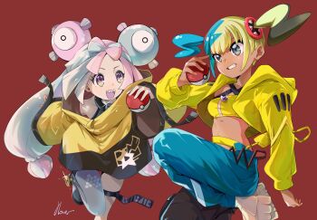2girls absurdres avarangers canari_(pokemon) highres holding holding_poke_ball iono_(pokemon) multiple_girls nintendo open_mouth poke_ball pokemon pokemon_legends:_arceus pokemon_sv sharp_teeth teeth