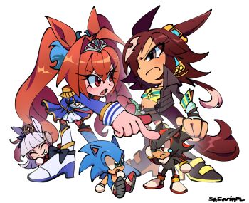 3girls animal_ears commentary crossover daiwa_scarlet_(peak_blue)_(umamusume) daiwa_scarlet_(umamusume) english_commentary full_body gold_ship_(red_strife)_(umamusume) gold_ship_(umamusume) highres horse_ears horse_girl multiple_girls parody pillbox_hat saewiam shadow_the_hedgehog simple_background sonic_(series) sonic_the_hedgehog tiara trait_connection uekawa_yuji_(style) umamusume vodka_(umamusume) vodka_(wild_top_gear)_(umamusume) white_background