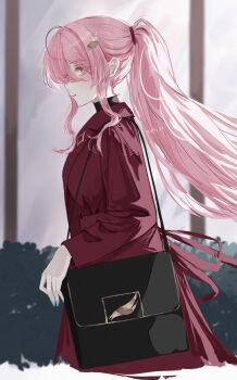 1girl absurdres aemeath_(wuthering_waves) alternate_costume bag black_bag blue_nails blush breasts celly_(mogmog_99) closed_mouth coat commentary fingernails hair_ornament highres long_hair looking_at_viewer medium_breasts nail_polish orange_eyes pink_hair ponytail red_coat shoulder_bag sidelocks sideways_glance smile solo star-shaped_pupils star_(symbol) symbol-shaped_pupils wuthering_waves