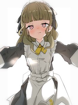 1girl apron black_dress blunt_bangs brown_hair cho_toutoi_love commentary_request dress frilled_apron frills from_below highres kachimachi_kosuzu link!_like!_love_live! llb long_hair long_sleeves looking_at_viewer love_live! maid maid_apron maid_headdress pink_eyes sidelocks simple_background solo tearing_up virtual_youtuber wavy_hair white_apron white_background yukadon_on_viewer