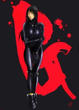 1girl absurdres black_bodysuit black_hair bodysuit breasts brown_eyes full_body gantz hand_on_own_arm highres large_breasts latex latex_bodysuit lips long_hair looking_at_viewer original parted_lips shimohira_reika skin_tight solo standing teeth