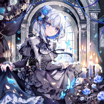 Rule 34 | 1girl, animal ears, black dress, blue flower, blue hair, blue nails, blush, bug, butterfly, candle, closed mouth, clothes lift, coco7, commentary request, dress, fake animal ears, fingernails, fire, flower, glowing, hair flower, hair ornament, insect, iriam, looking at viewer, miria (iriam), multicolored hair, nail polish, official art, purple eyes, sample watermark, signature, skirt, skirt lift, smile, solo, streaked hair, watermark, white flower, white hair, window