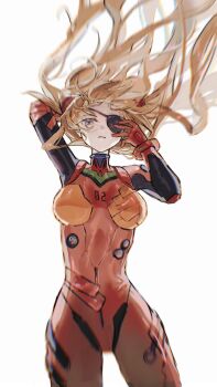 Rule 34 | 1girl, absurdres, alternate hair length, alternate hairstyle, blue eyes, bodysuit, breasts, brown hair, curvy, eyepatch, floating hair, hand on own hip, highres, interface headset (evangelion), legs apart, long hair, looking at viewer, mecha pilot suit, neon genesis evangelion, official alternate hair length, official alternate hairstyle, red bodysuit, sakiyo, simple background, smile, solo, souryuu asuka langley, standing, two side up, very long hair, white background
