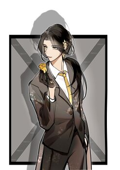 1boy absurdres alternate_costume alternate_hair_length alternate_hairstyle black_gloves black_hair black_jacket black_pants black_suit border chinese_commentary collared_shirt commentary_request contemporary cowboy_shot curtained_hair dress_pants ear_covers earrings flower formal_clothes gloves grey_border hair_over_shoulder half_gloves hand_in_pocket hand_up highres holding holding_flower hua_yi_shanxin_zhiyue jacket jewelry leaf_earrings long_hair long_sleeves looking_to_the_side low_ponytail male_focus necktie outside_border pants parted_bangs parted_lips pinky_ring ponytail rose shadow shirt simple_background solo standing suit suit_jacket wangulongdong white_border white_shirt xuan_wangjun yellow_eyes yellow_flower yellow_necktie yellow_rose