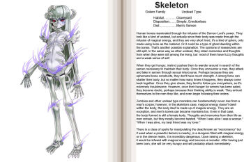 1girl bone breasts character_profile colored_skin english_text flat_chest hard-translated kenkou_cross long_hair monster_girl monster_girl_encyclopedia official_art red_eyes skeleton skeleton_(monster_girl_encyclopedia) small_breasts third-party_edit translated undead white_hair white_skin