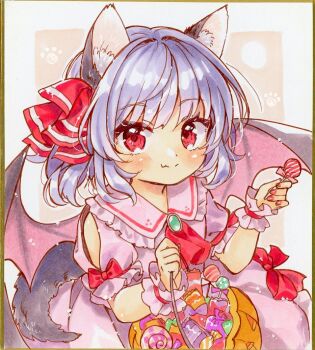 1girl animal_ears ascot bat_wings brooch bucket candy clothing_cutout collared_shirt commentary_request fang food frilled_shirt_collar frills hair_ribbon halloween_bucket holding holding_bucket holding_candy holding_food holding_lollipop jewelry kemonomimi_mode lollipop looking_at_viewer marker_(medium) mimi_(mimi_puru) purple_hair purple_shirt purple_skirt red_ascot red_eyes red_nails red_ribbon remilia_scarlet ribbon shikishi shirt short_hair shoulder_cutout skin_fang skirt smile solo tail touhou traditional_media wings wolf_ears wolf_tail wrist_cuffs