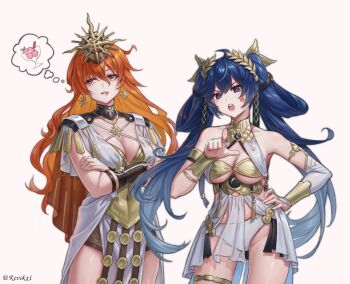 2girls ahoge ancient_greek_clothes anger_vein arm_armor armlet armor augusta_(wuthering_waves) bare_shoulders black_collar blue_eyes blue_hair breastplate breasts cleavage collar colored_inner_hair commentary covered_navel cowboy_shot crossed_arms dress earrings english_commentary food gold_bra gradient_hair greco-roman_clothes grey_background hair_belt hair_between_eyes hand_on_own_hip head_wreath headgear highres imagining iuno_(wuthering_waves) jewelry long_hair looking_at_viewer medium_breasts multicolored_hair multiple_girls open_mouth orange_hair pointing pointing_at_viewer red_eyes revok shouting simple_background sun_earrings thighlet thighs twintails v-shaped_eyebrows very_long_hair white_dress wuthering_waves