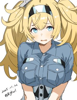 1girl absurdres bigkwl blonde_hair blue_eyes blue_shirt blush breast_pocket breasts buttons collared_shirt commentary dated dated_commentary gambier_bay_(kancolle) hair_between_eyes hairband highres kantai_collection large_breasts long_hair looking_at_viewer one-hour_drawing_challenge open_mouth pocket shirt short_sleeves simple_background solo twintails twitter_username upper_body white_background white_hairband
