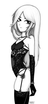 1girl :| artist_name ass bare_shoulders black_eyes black_gloves breasts closed_mouth colored_skin elbow_gloves feet_out_of_frame gloves greyscale highres jessie_(veyonis) jewelry lace lingerie long_hair looking_at_viewer ltstry monochrome necklace original over-kneehighs skindentation small_breasts solo standing thighhighs thighs underwear white_background white_hair white_skin