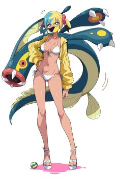 1girl absurdres aqua_hair bikini black_mask blonde_hair blue_eyes breasts canari_(pokemon) colored_sclera commentary_request dark-skinned_female dark_skin eel eelektross eggman_(ni_tamagoex) fangs fish gen_5_pokemon highres jacket lamprey long_sleeves looking_at_viewer mask medium_breasts mouth_mask multicolored_hair navel nintendo open_mouth platform_sandals poke_ball pokemon pokemon_(creature) pokemon_legends:_z-a quick_ball red_sclera sandals short_twintails split-color_hair stomach swimsuit twintails two-tone_mask white_bikini yellow_jacket yellow_mask