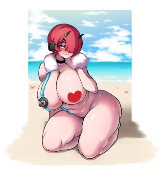 1girl absurdres ass beach bell black_choker black_horns blush breasts censored choker cleavage closed_mouth collarbone facial_mark ginseng_(xin) hair_over_one_eye heart heart_censor highres horns huge_breasts ignis_(last_origin) last_origin long_bangs neck_bell nude one_eye_covered pink_lips seiza short_hair sitting solo thighs towel towel_around_neck variant_set wet