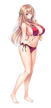 1girl amakano_2 bare_arms bare_legs bare_shoulders barefoot bikini blonde_hair blush braid breasts cleavage closed_mouth full_body hair_between_eyes huge_breasts large_variant_set legs long_hair looking_at_viewer navel official_art one_eye_closed piromizu purple_eyes red_bikini simple_background smile solo standing stomach swimsuit tachi-e thighs tsutamachi_chitose variant_set white_background