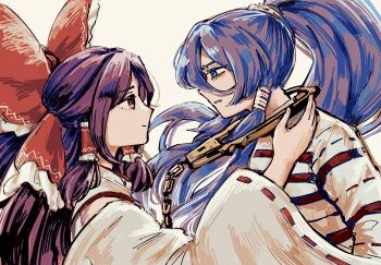 2girls blue_eyes blue_hair commentary_request cuffs detached_sleeves face-to-face gensokyo's_first_hakurei_miko hair_ribbon hair_tubes high_ponytail highres kihaji140 long_hair miyadeguchi_mizuchi multiple_girls nontraditional_miko ponytail purple_eyes red_ribbon ribbon shackles touhou very_long_hair wide_sleeves