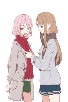 2girls bang_dream! bang_dream!_it&#039;s_mygo!!!!! blue_skirt brown_hair brown_scarf chihaya_anon coat enpera fang green_skirt grey_coat gumoyu haneoka_school_uniform long_hair multiple_girls nagasaki_soyo open_mouth pink_hair pleated_skirt red_scarf scarf school_uniform sidelocks simple_background skirt teeth tsukinomori_school_uniform upper_teeth_only white_background
