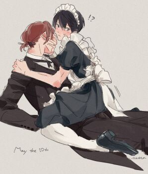 !? 2boys apron black_dress black_hair black_jacket black_pants blush commentary_request covering_face crossdressing crossdressing_(mtf) dress embarrassed free! full_body highres jacket maid maid_apron maid_headdress male_focus male_maid matsuoka_rin multiple_boys nanase_haruka_(free!) pants red_hair shaaark_rotta03 short_hair short_sleeves simple_background sitting straddling yaoi