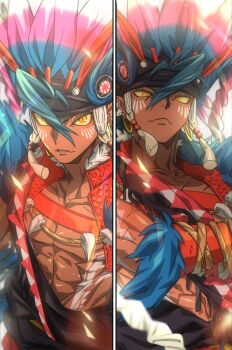 1boy arm_armor armor bare_pectorals blue_fur blue_hair collarbone colored_sclera commentary crossed_arms dark-skinned_male dark_skin earrings fang feathers fur-trimmed_armor fur_trim headdress highres jewelry koraidon light_particles looking_at_viewer male_focus multiple_views native_american_headdress necklace nintendo orange_eyes orange_shrug pectoral_cleavage pectorals personification pokemon shrug_(clothing) skin_fang slit_pupils split_screen symbol-only_commentary toned toned_male tooth_necklace uochandayo upper_body white_background white_fur yellow_sclera