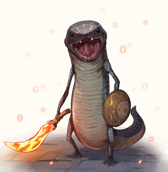 1other elden_ring embers fangs fromsoftware furry glowing glowing_weapon gunjima_souichirou highres holding holding_shield holding_sword holding_weapon looking_at_viewer man-serpent_(elden_ring) open_mouth shield solo standing sword weapon