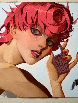 1girl bare_shoulders blue_background border bra cellphone chinese_commentary commentary_request crying crying_with_eyes_open eyelashes eyeshadow fingernails flip_phone green_eyes hand_up highres holding holding_phone jojo_no_kimyou_na_bouken long_fingernails looking_at_viewer makeup nail_polish phone pink_eyeshadow pink_hair pink_lips red_nails short_hair simple_background solo tears teeth trish_una underwear upper_body vento_aureo white_border white_bra yangdianzhang