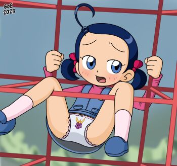 1girl absurdres ahoge blue_eyes blue_hair blush bow bow_panties character_print commission female_focus good_or_evil hair_bow highres jungle_gym loli long_sleeves ojamajo_doremi open_mouth overall_skirt panties pink_bow pink_shirt playground print_panties senoo_aiko shirt short_hair short_twintails solo spread_legs spyro_(series) spyro_the_dragon thighs twintails underwear white_panties