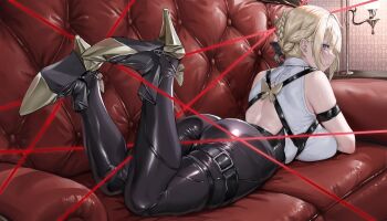 1girl aoi_sakura_(seak5545) arm_strap ass back_cutout black_pants blonde_hair braid braided_bun breasts clothing_cutout commentary_request couch evelyn_chevalier feet_up from_behind hair_bun high-waist_pants high_heels highres indoors large_breasts looking_back lying on_couch on_stomach pants purple_eyes shirt sleeveless sleeveless_shirt solo string tight_clothes tight_pants white_shirt zenless_zone_zero