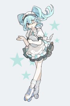 1girl ;d akoto_(akoto0228) ankle_boots apron bare_legs blue_eyes blue_hair blue_necktie blue_skirt boots crossed_legs detached_collar double-parted_bangs frilled_apron frills full_body grey_background hair_between_eyes hair_ornament hands_up hashtag-only_commentary hatsune_miku headdress heart heart_hair_ornament highres holding holding_tray lace-up_boots long_hair looking_at_viewer maid_apron maid_headdress necktie one_eye_closed open_mouth pale_skin petticoat puffy_short_sleeves puffy_sleeves ribbed_socks roller_skates shirt short_sleeves simple_background skates skirt smile socks solo standing star_(symbol) star_symbol_background striped_clothes striped_skirt tray twintails two-tone_skirt vertical-striped_clothes vertical-striped_skirt vocaloid white_apron white_boots white_shirt white_skirt white_socks