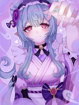 Rule 34 | 1girl, apron, aqua hair, breasts, closed mouth, commentary request, fingernails, frilled apron, frilled hairband, frills, genshin impact, hair between eyes, hair ornament, hairband, highres, japanese clothes, kimono, long hair, long sleeves, looking at viewer, maid, maid apron, maid headdress, medium breasts, nail polish, nihongami, pink kimono, pink nails, pointy ears, purple eyes, smile, solo, tarou (ucrn4887), upper body, very long hair, wa maid, white apron, yumemizuki mizuki