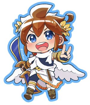Rule 34 | 1boy, :d, ahoge, ancient greek clothes, angel, angel wings, armlet, belt, black shorts, blue eyes, blue outline, bracer, brown belt, brown hair, brown sandals, chibi, chibi only, fingerless gloves, full body, fur trim, gloves, gold armlet, gold thighlet, greco-roman clothes, hair between eyes, highres, holding, holding sword, holding weapon, jewelry, kid icarus, kid icarus uprising, laurel crown, male focus, md5 mismatch, nintendo, open mouth, outline, pit (kid icarus), sandals, scarf, short hair, shorts, sidelocks, smile, solo, spiked hair, sword, thighlet, twitter username, undershirt, v, v-shaped eyebrows, waffuum, weapon, white scarf, wings