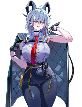 1girl absurdres adapted_costume ahoge arm_strap black_choker black_gloves black_horns black_jacket black_pants black_tail breasts button_gap chest_harness choker collared_shirt commentary cowboy_shot curled_horns demon_tail earrings gloves grey_eyes grey_hair hair_between_eyes half_gloves harness high-waist_pants highres holding_own_tail horns jacket jacket_on_shoulders jewelry key_earrings large_breasts long_hair looking_at_viewer multicolored_eyes multicolored_hair necktie pants parted_lips red_eyes red_necktie ruppu shirt shirt_tucked_in simple_background sleeveless sleeveless_shirt solo streaked_hair tail thigh_gap tight_clothes tight_pants two-tone_eyes white_background white_shirt wuthering_waves zani_(wuthering_waves)