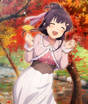 Rule 34 | 1girl, autumn, autumn leaves, blush, breasts, buttons, closed eyes, cowboy shot, day, dot nose, game cg, ginkgo leaf, grass, hair ornament, hair ribbon, hairclip, hands up, happy, high ponytail, large breasts, leaf, leaf on liquid, long skirt, long sleeves, medium hair, nature, official art, open mouth, outdoors, pink ribbon, pink shirt, pink shrug, ponytail, purple hair, ribbed shirt, ribbed skirt, ribbon, river, shirt, short ponytail, shrug (clothing), sidelocks, skirt, smile, solo, striped ribbon, third-party source, toji no miko, toji no miko: kizamishi issen no tomoshibi, tree, white skirt, yanase mai