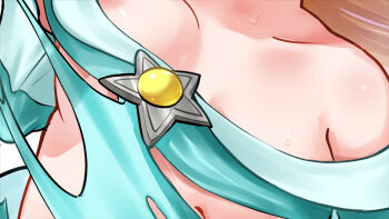 1girl bare_shoulders blonde_hair blue_dress bouncing_breasts breast_focus breasts brooch collarbone commentary_request dress highres jewelry kurere1202 long_hair mario_(series) medium_breasts nintendo rosalina simple_background solo star_brooch super_mario_galaxy thumbnail_collage torn_clothes torn_dress white_background