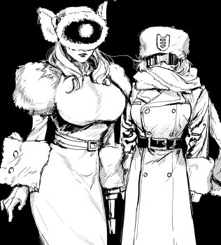 2girls arm_cannon belt breasts clenched_hands coat commentary_request covered_eyes dress facing_viewer fur_hat genderswap genderswap_(mtf) gloves grey_background greyscale hat highres humanization impossible_clothes impossible_dress large_breasts long_hair monochrome multiple_girls papakha parted_lips scar shockwave_(transformers) simple_background soundwave_(transformers) tatamintatamin transformers transformers:_generation_1 trench_coat ushanka weapon